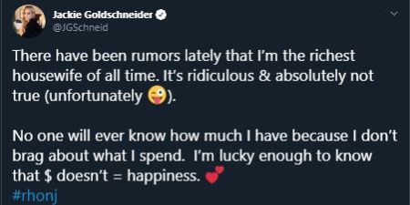 A tweet of Jackie Goldschneider on the rumors regarding her being the richest Housewife.